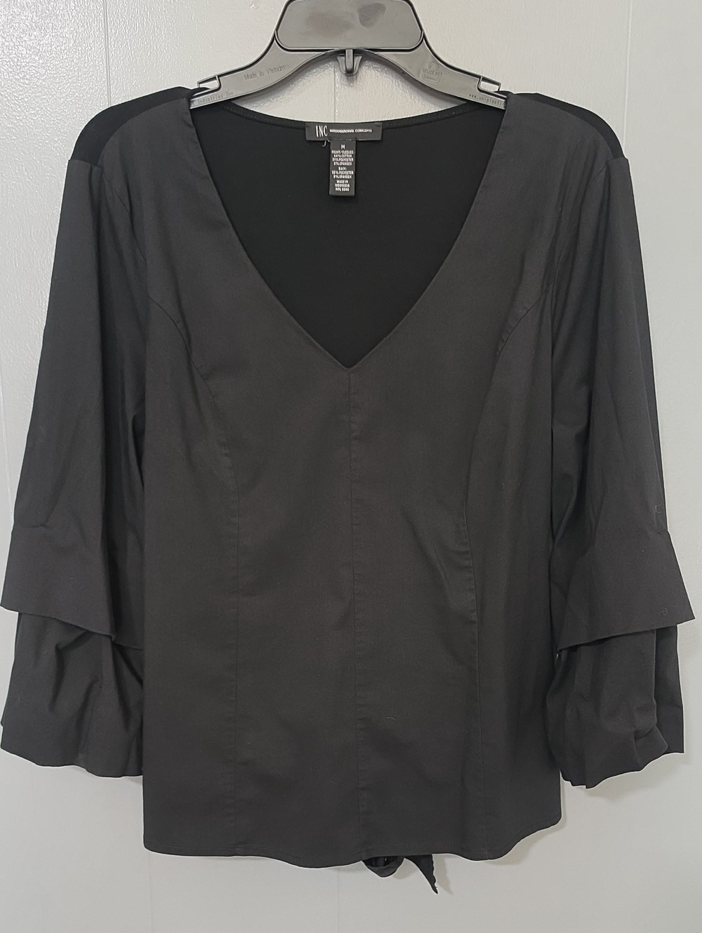 INC International Concepts Black V-Neck Layered Ruffle Sleeve Blouse
